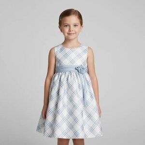 Cherokee Little Girls White Blue Plaid Sleeveless Lined Fancy Dress Size 6